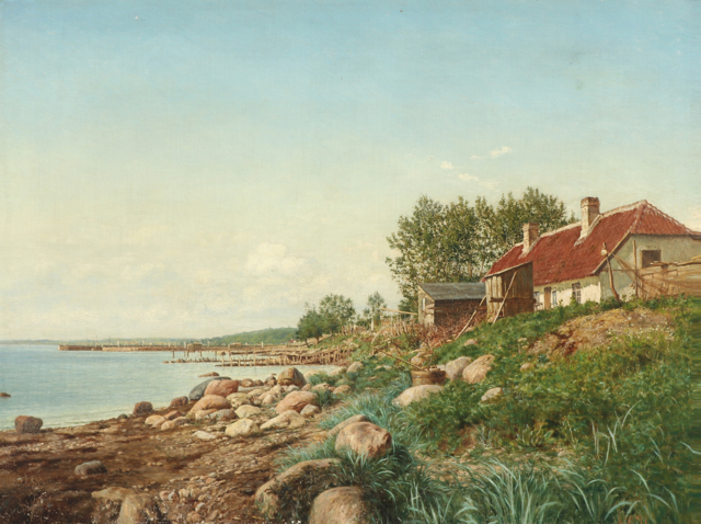 尼尔斯·克里斯汀·汉森（Niels Christian Hansen）：渔民房屋的沿海风光油画