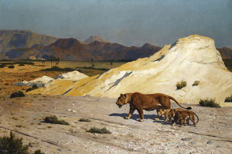 让·莱昂·杰罗姆（ Jean-LéonGérôme） --母狮与幼狮高清油画