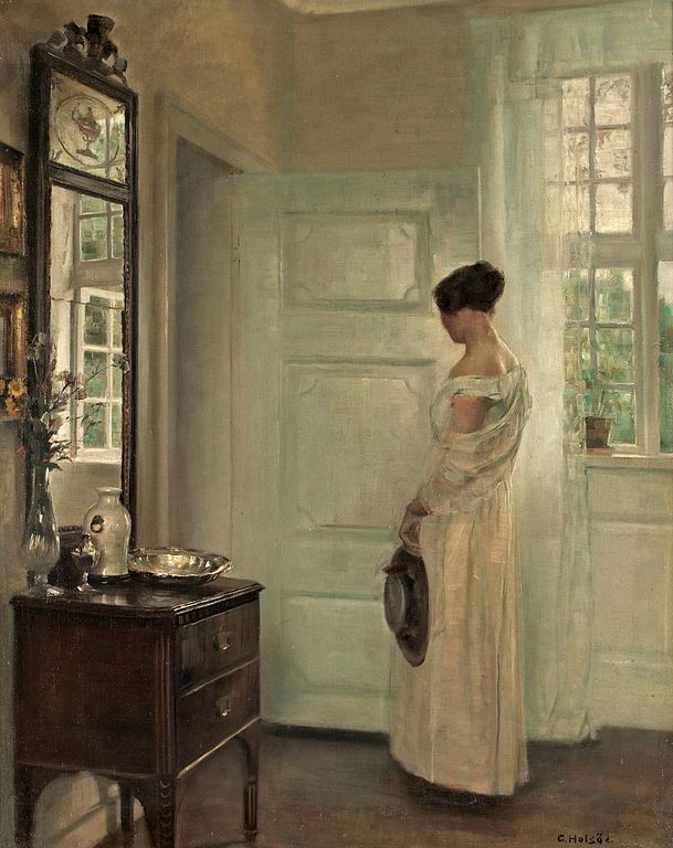 卡尔·霍尔索（CarlHolsoe）-与一位女士的沙龙沙龙，1900年油画