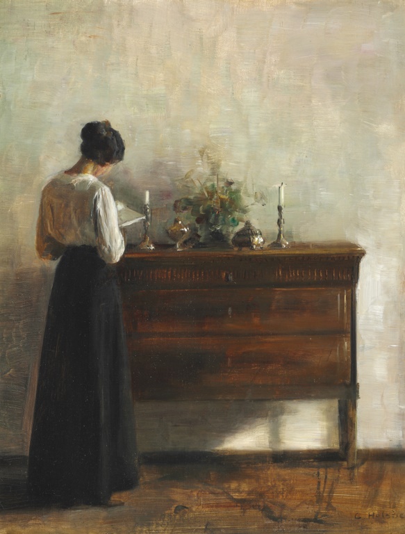 卡尔·霍尔索（CarlHolsoe）-画家的妻子站在五斗橱里看书油画