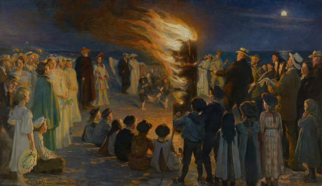 佩德·瑟夫林·柯罗耶（Peder Severin Kroyer）-斯卡恩海滩的盛夏平安夜篝火油画