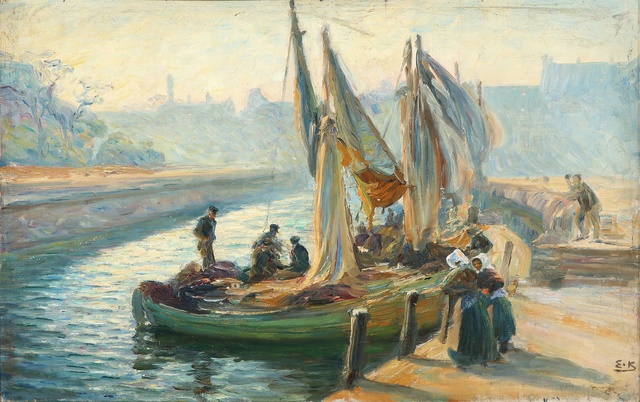 埃米尔·克劳斯（Emil Krause）-带渔船的风景 油画高清下载