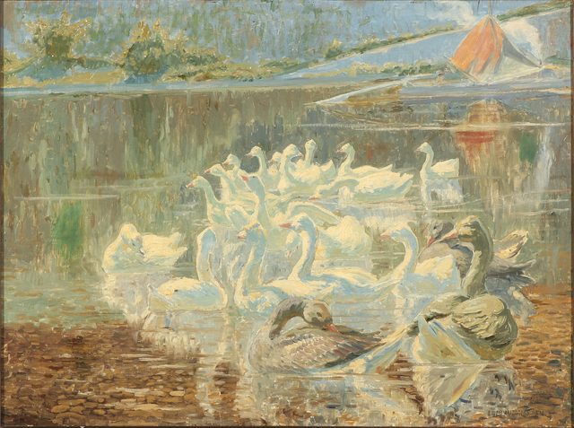 卢普劳·詹森（Luplau Janssen）-湖边的一群鹅油画作品