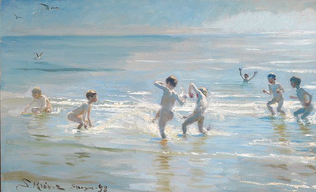 佩德·瑟夫林·柯罗耶(Peder Severin Kroyer)-在斯卡恩海滩沐浴的男孩油画