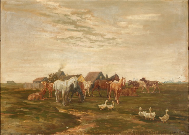 卢普劳·詹森（Luplau Janssen）-风景在农场的田野上与牛和马油画