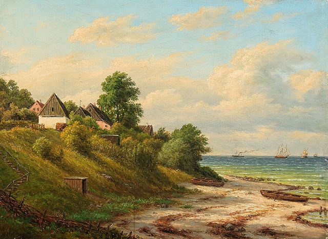 弗雷德里克·克里斯蒂安·基尔舒（Frederik ChristianKiarschou）-赫勒贝克附近的渔村风景油画