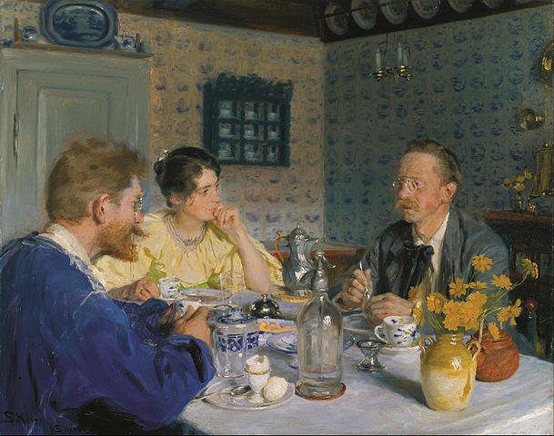 佩德·瑟夫林·柯罗耶（Peder Severin Kroyer）-午餐会 艺术家，他的妻子和作家奥托·本宗油画
