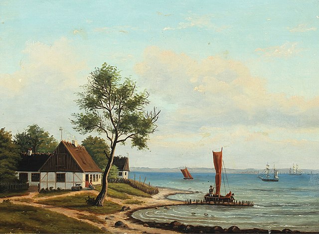 弗雷德里克·克里斯蒂安·基尔舒（Frederik ChristianKiarschou）-沿海风光与一个农场和海上船只油画