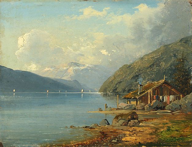 安东·爱德华·基尔德鲁普（Anton Eduard Kieldrup）-德国湖上的一间小木屋 油画