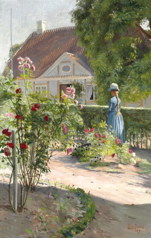 彼得·伊尔斯特（Peter Ilsted）-玫瑰园里的年轻女子油画高清下载