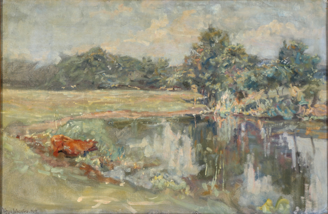 维戈·约翰森（Viggo Johansen）- 哥本哈根附近埃伊比村庄池塘的景色 油画