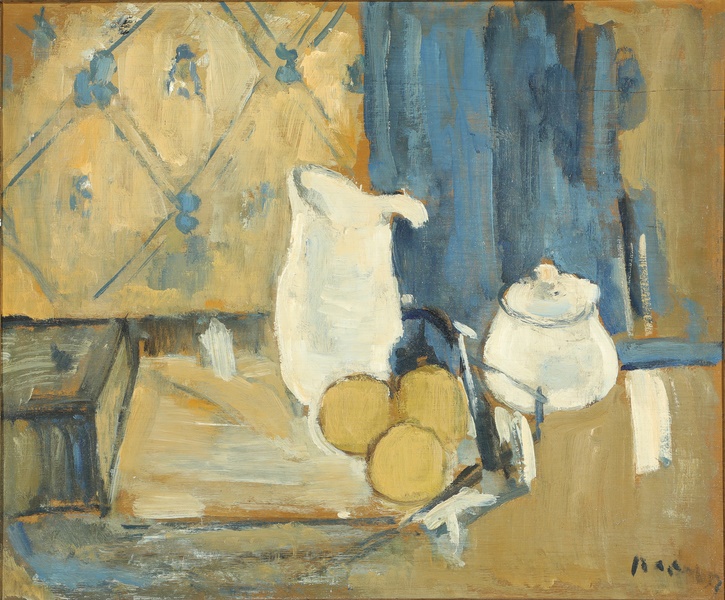 伊曼纽·易卜生（Immanuel Ibsen）-静物与桌上的水罐，水罐和水果油画