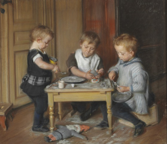 维戈·约翰森（Viggo Johansen）-餐桌上三个艺术家的孩子油画