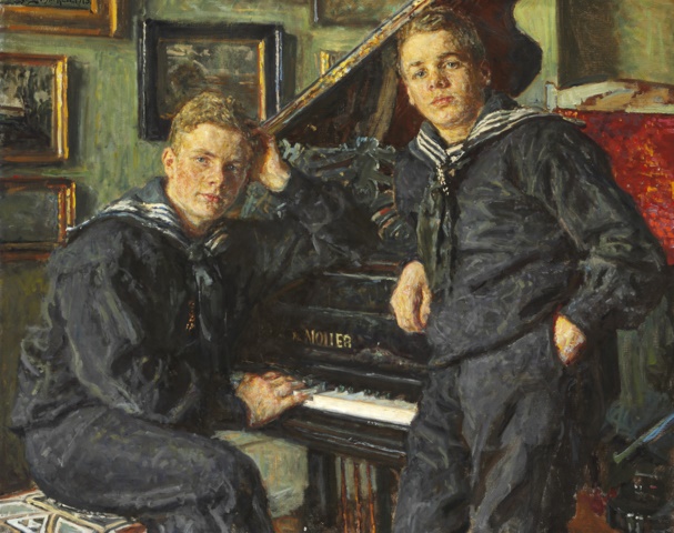 维戈·约翰森（Viggo Johansen）- 英瓦尔和斯文在三角钢琴旁穿着水手服的肖像.油画