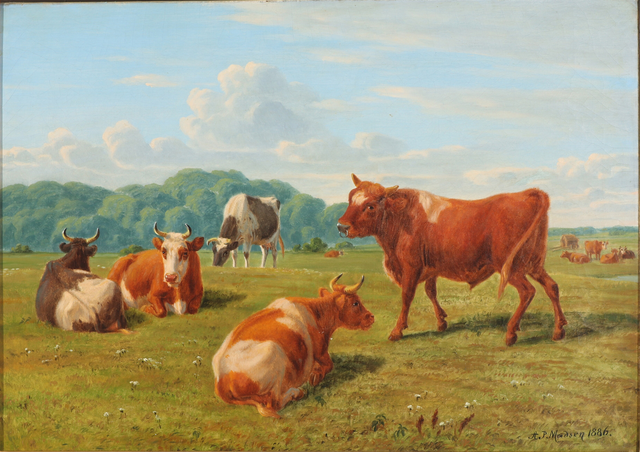 安德里亚斯·彼得·马德森（Andreas Peter Madsen）-夏季景观与放牧的牛油画