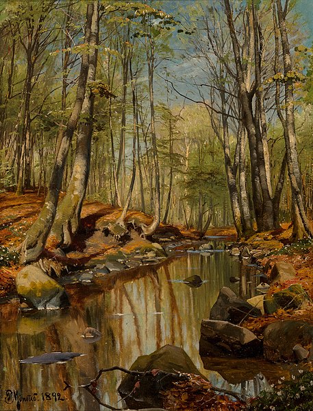 皮德·莫克·蒙斯特（PederMonsted）- 树木繁茂的河流景观油画