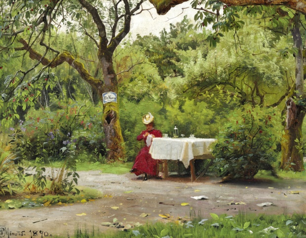 皮德·莫克·蒙斯特（PederMonsted）- 一位穿着红色连衣裙的优雅女人坐在花园里的咖啡桌上绣花油画