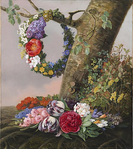 克里斯汀·洛蒙（ChristineLovmand）-一棵树脚下的一束鲜花。在树枝上挂着花环油画