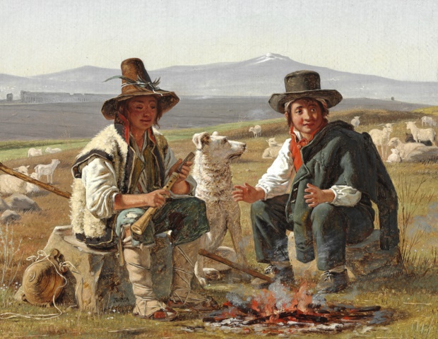 威廉·马斯特兰德（Wilhelm Marstrand）-两个意大利牧羊男孩坐在火炉旁油画