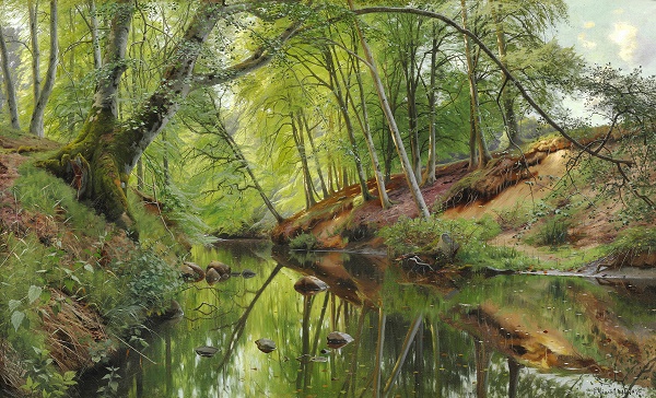 皮德·莫克·蒙斯特（PederMonsted）-山毛榉反映在森林中的溪流中油画