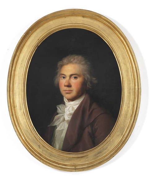 克里斯蒂安·奥古斯特·洛伦岑（Christian August Lorentzen）-穿着茄子色外套和一件白衬衫的肖像油画