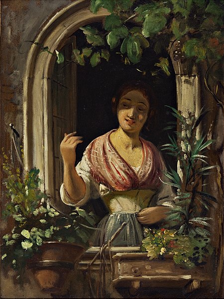威廉·马斯特兰德（Wilhelm Marstrand）-从窗户挥舞着意大利女人 油画