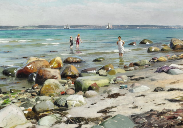 皮德·莫克·蒙斯特（PederMonsted）-年轻妇女在海滩沐浴油画
