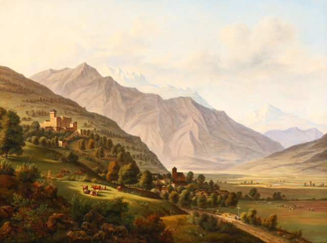 詹斯·彼得·莫勒（Jens PeterMoller）-阿尔卑斯山的风景，有一座城堡和一个小村庄油画