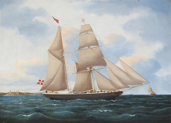 延斯·蒂尔森·洛彻（Jens Thielsen Locher）-背景为带有“约翰”号帆船的海景油画