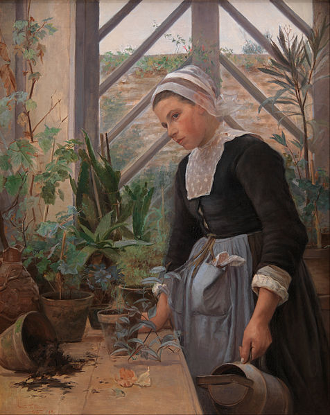安娜·彼得森（Anna Petersen）：不列塔尼女孩照顾温室里的植物油画
