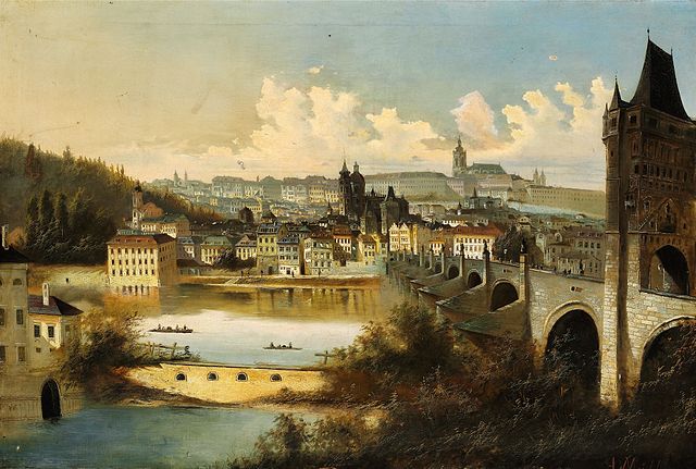 亚当·奥古斯特·穆勒（Adam AugustMüller ）：查理大桥穿越伏尔塔瓦河的布拉格风景油画