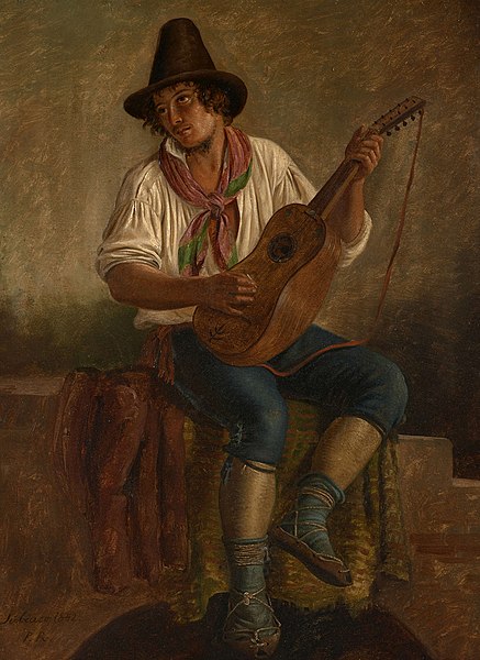 约翰·彼得·拉德西格（Johan Peter Raadsig）-年轻人在室内弹吉他油画