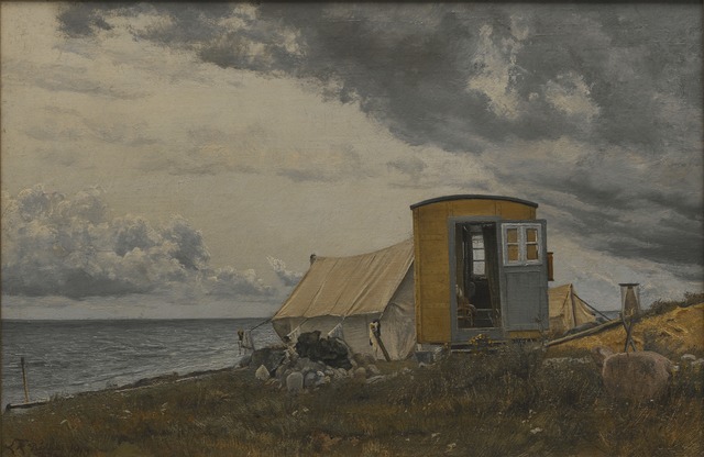 劳瑞兹·安德森·瑞恩(Laurits Andersen Ring)-艺术家手推车和帐篷在岸边的景色 油画