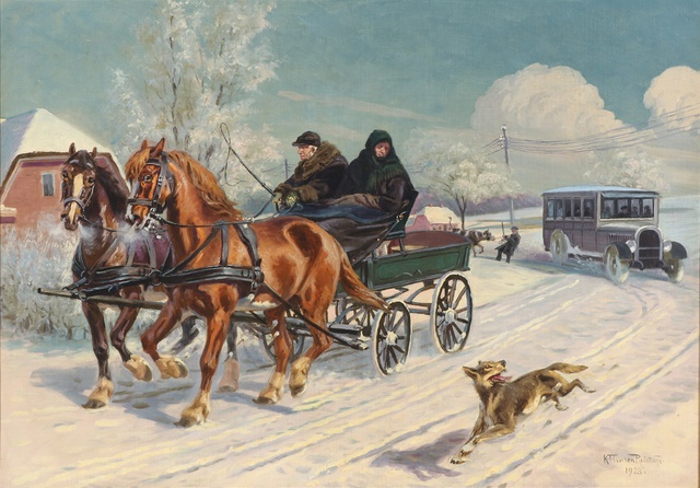 卡尔·汉森（Karl Hansen）Reistrup-马匹和马车的寒冬风景油画
