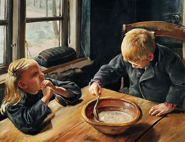 劳瑞兹·安德森·瑞恩(Laurits Andersen Ring)-一个男孩和一个女孩在吃晚饭油画