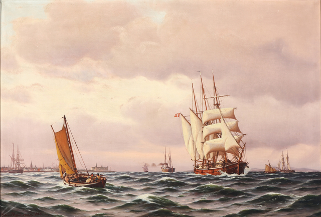 约翰·延斯·诺伊曼（Johan Jens Neumann）-在克伦堡附近拥有众多帆船的海景油画