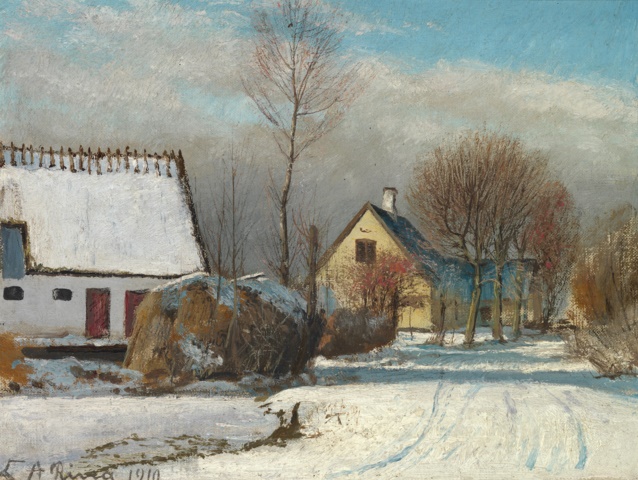 劳瑞兹·安德森·瑞恩(Laurits Andersen Ring)-一条积雪的乡间小路经过左边的房屋.
