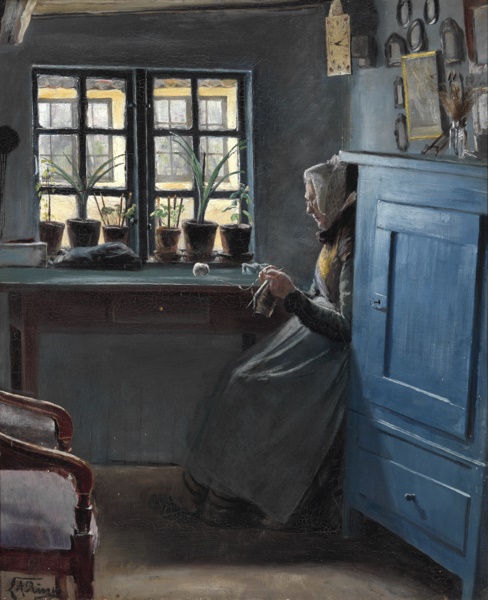 劳瑞兹·安德森·瑞恩(Laurits Andersen Ring)-一个老太太在附近织毛衣油画