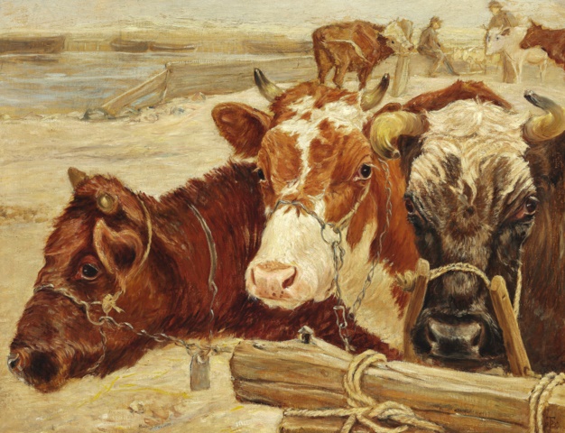 西奥多·菲利普森  （Theodor Philipsen）-三头母牛在等着下萨尔特霍尔姆.油画
