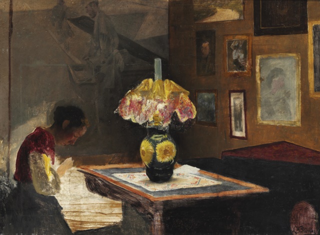 劳瑞兹·安德森·瑞恩(Laurits Andersen Ring)-艺术家的妻子西格丽德在灯光下缝制油画