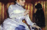 玛丽·卡萨特（Mary Cassatt）- 带狗穿条纹的女人
