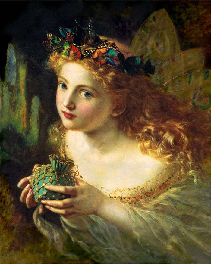 索菲·安格森（Sophie Gengembre Anderson）-扮靓女人，轻柔地悬挂着蝴蝶，花朵油画