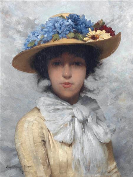查尔斯·斯普拉格·皮尔斯（Charles Sprague Pearce）-穿白衣服戴草帽的女人油画