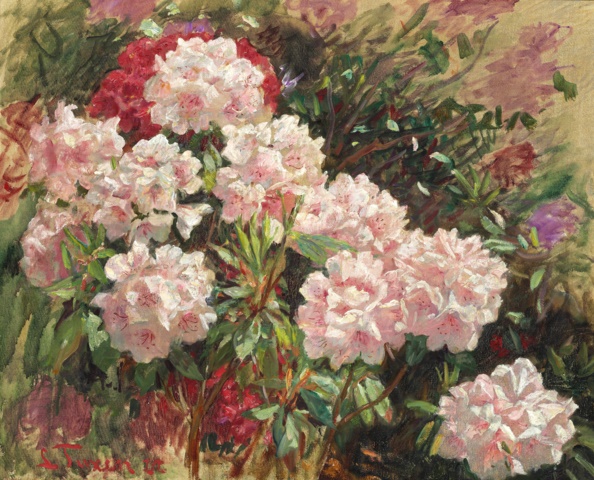 劳里特·图克森  （Laurits Tuxen）-花园里盛开的杜鹃花油画