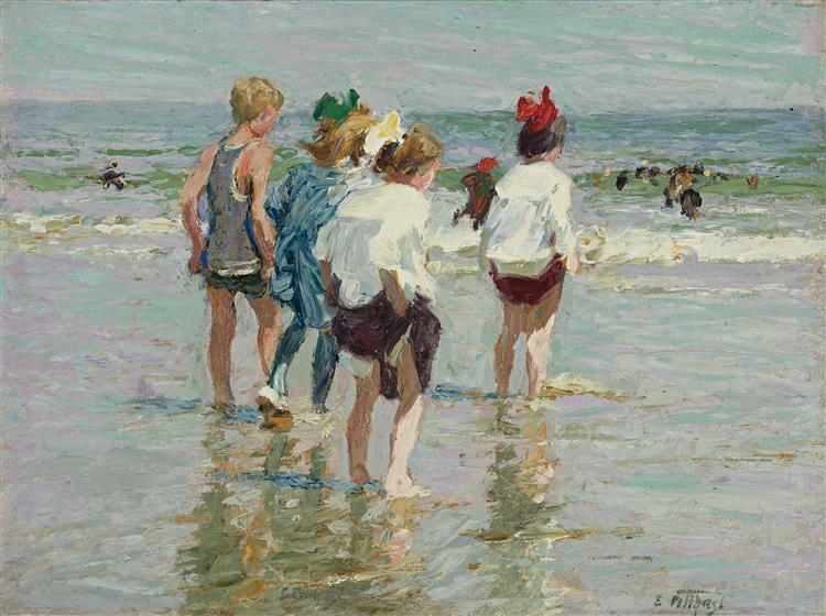 爱德华·亨利·波塔斯特(Edward Henry Potthast)-夏日，布莱顿海滩油画