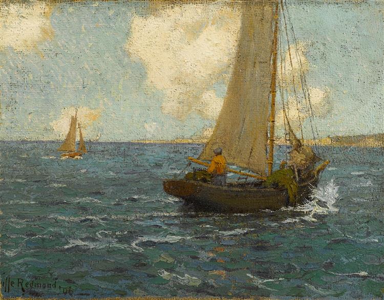 格兰维尔·雷德蒙德（Granville Redmond）-风平浪静的海面上的帆船油画