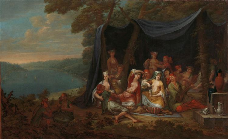 让·巴蒂斯特·范穆尔（Jean Baptiste Vanmour）-土耳其朝臣在帐篷前聚会油画