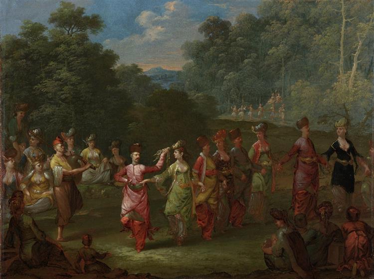 让·巴蒂斯特·范穆尔（Jean Baptiste Vanmour）-希腊男人和女人跳舞油画