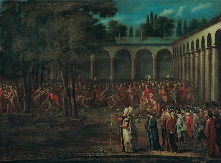 让·巴蒂斯特·范穆尔（Jean Baptiste Vanmour）-大使代表团经过托普卡普宫第二庭院油画