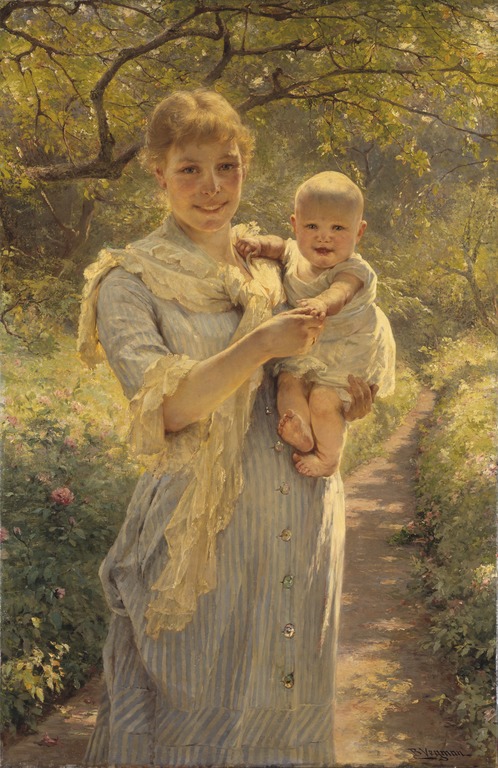 伯莎·韦格曼（Bertha Wegmann）-年轻的母亲和一个孩子在花园里油画